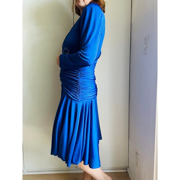 Vintage 80s Dynasty Cobalt Blue Dress Size 10 Draped Midi Length Sexy Party - Picture 7 of 12